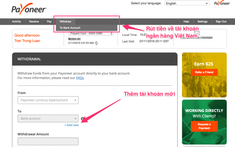 Rut tien Payoneer ve tai khoan ngan hang